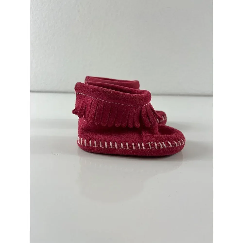 Minnetonka Infant Back Flap Suede Fringe Bootie Moccasins Baby Size 1 Red Pink